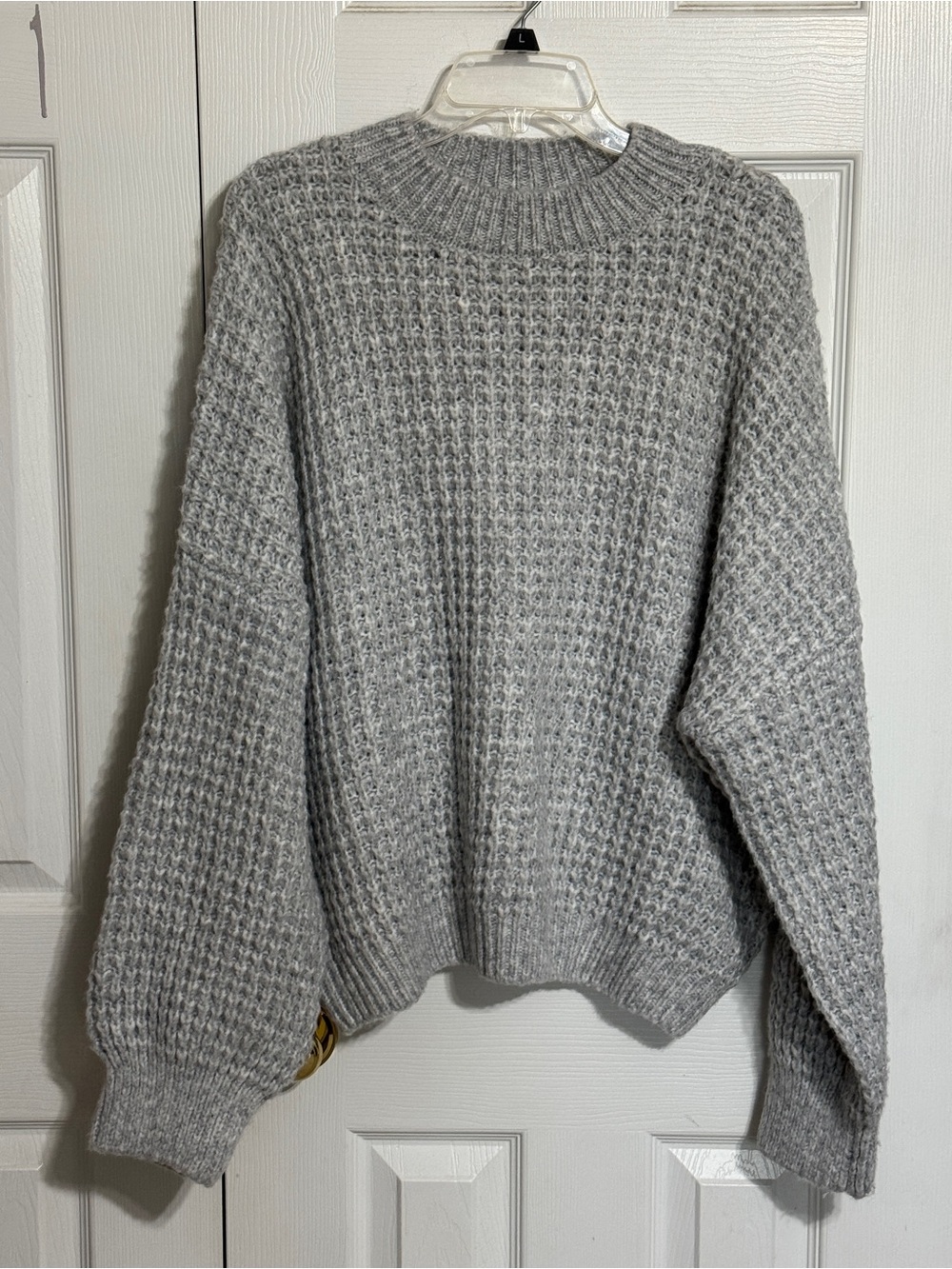 SO Light Gray Soft Waffle Knit Crewneck Sweater with Bubble Sleeve - Picture 2 of 5